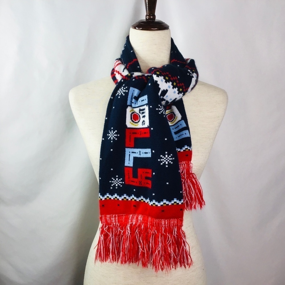 MILLER Lite Beer Scarf Winter Holiday Christmas Theme Fringe Red White